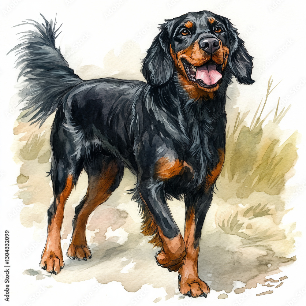 Illustration of the Gordon Setter dog, running towards, soft watercolor tones, white background, detailed illustration, cartoonish. Illustration of the Gordon Setter dog, running towards, soft watercolor tones, white background, detailed illustration, cartoonish.