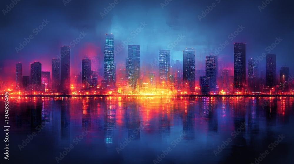 Vibrant city skyline reflects in tranquil water at night showcasing bold neon colors. AI Generated Vibrant city skyline reflects in tranquil water at night showcasing bold neon colors. AI Generated