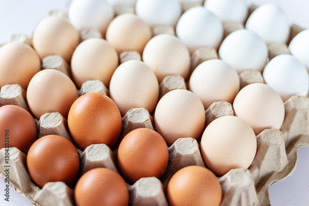 Fresh chicken eggs arranged in order from lightest to darkest in a cardboard tray on a white background. Fresh chicken eggs arranged in order from lightest to darkest in a cardboard tray on a white background.