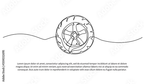 Continuous one line design of car wheel and tire. Minimalist style vector illustration on white background.