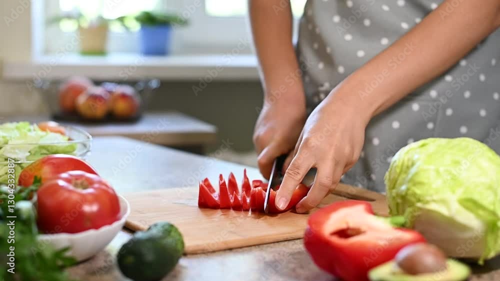 Closeup female hands slice red pepper of knife. Woman is cooking healthy food in kitchen with vegetables for breakfast or lunch. Closeup female hands slice red pepper of knife. Woman is cooking healthy food in kitchen with vegetables for breakfast or lunch.