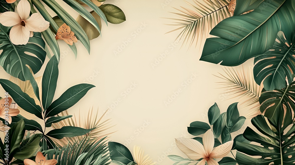 Naklejka premium Tropical Leaves and Flowers Border on Beige Background