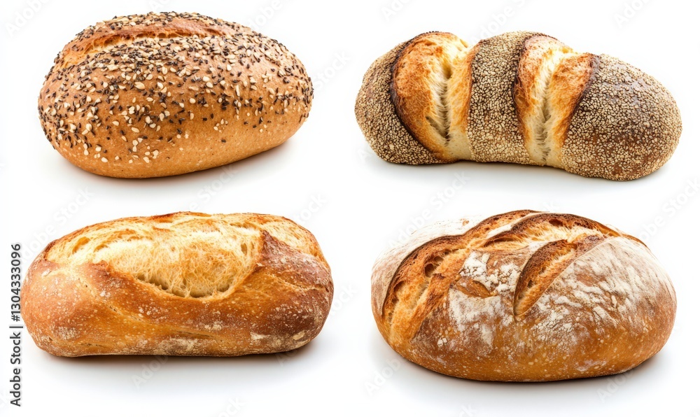 Set of various fresh baked bread with crust isolated on white background Set of various fresh baked bread with crust isolated on white background