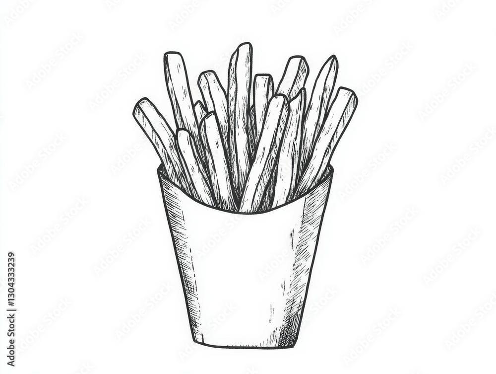 Delicious hand-drawn fries served in a paper container Delicious hand-drawn fries served in a paper container