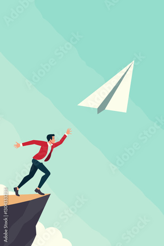 Entrepreneur Leaping Off Cliff with Paper Airplane, Symbolizing New Venture Launch