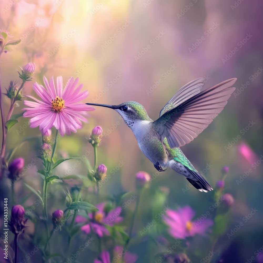 Fototapeta premium Hummingbird hovering near vibrant flowers in a lush garden