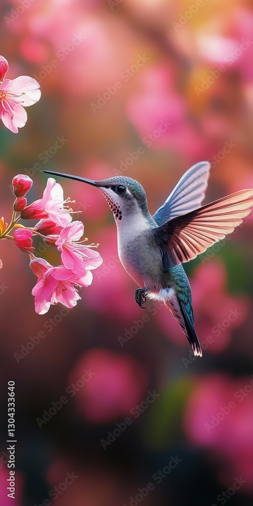 Fototapeta premium Hummingbird hovering near blooming pink flowers in springtime