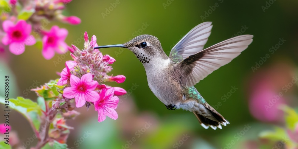 Fototapeta premium Hummingbird hovering near vibrant pink flowers in a garden