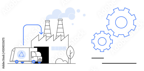 Recycling truck unloading waste at factory with chimneys releasing smoke beside large gears. Ideal for recycling, sustainability, industrial workflow, waste management, circular economy, efficiency