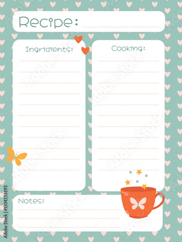 Cute romantic style template with hearts for writing down recipes