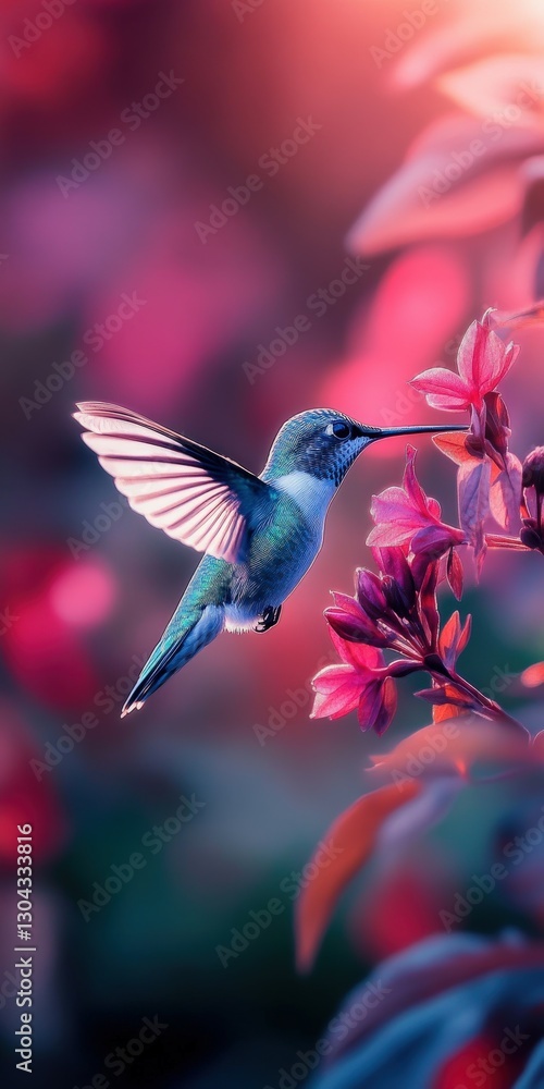Fototapeta premium Hummingbird hovering near colorful flowers at sunset