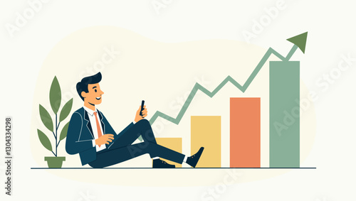 Investor relaxing on a growing profit chart, representing successful investment and profitable returns.