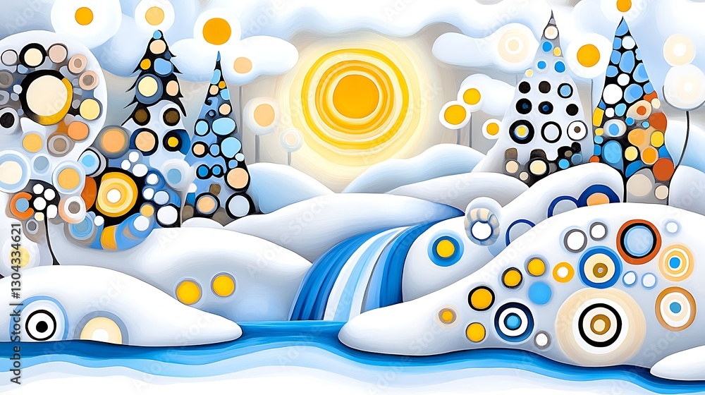 Fototapeta premium Whimsical Winter Wonderland Abstract Snowy Landscape with Waterfall and Colorful Trees