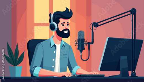 Male Podcaster Recording Show in Home Studio Setup with Professional Microphone and Headphones