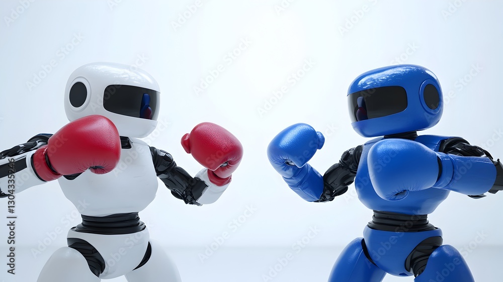 Futuristic scene of two robots engaged in an intense fight or battle against each other Futuristic scene of two robots engaged in an intense fight or battle against each other