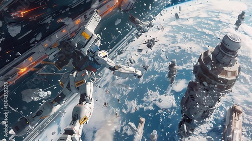 A Gundam defending a crumbling space station from a swarm of enemy drones.


