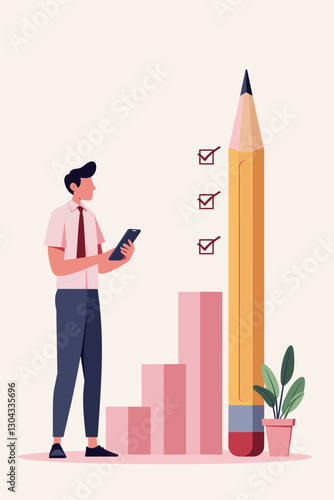Professional skill level-up concept, man checking off boxes on giant pencil, career development and improvement