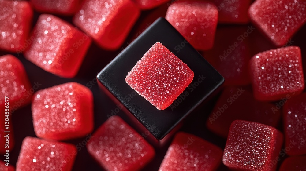 A matte black container, its surface sleek and dark, nestled amongst a vibrant display of sugar-coated red gummies, each a tiny jewel of sweetness, ready to be savored. A matte black container, its surface sleek and dark, nestled amongst a vibrant display of sugar-coated red gummies, each a tiny jewel of sweetness, ready to be savored.
