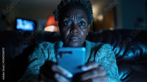 An image of a worried woman fixedly looking at her phone screen in low light, portraying a sense of anxiety and modern dependence on technology in a challenging moment.