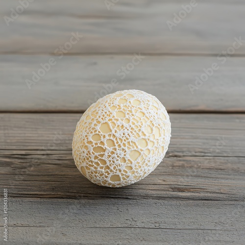 An intricately designed Easter egg featuring a delicate lace pattern, sitting gracefully on a rustic wooden table. The warm tones of the wood provide a cozy backdrop that complements the elegance of photo