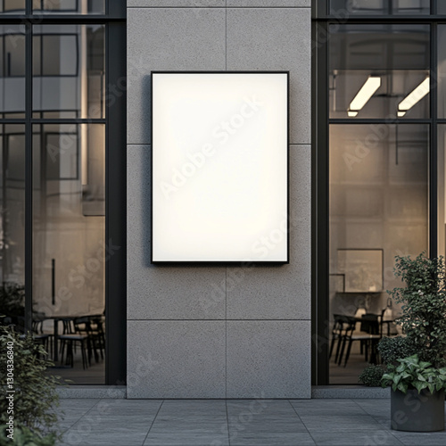 A clean, blank white signboard mounted on a storefront wall, ready for branding or design mockups. The sign is rectangular. photo