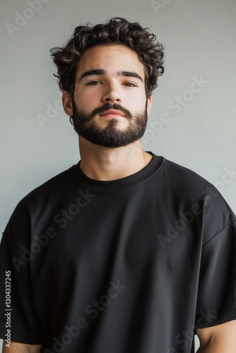 Young man with curly hair and beard poses against a neutral background