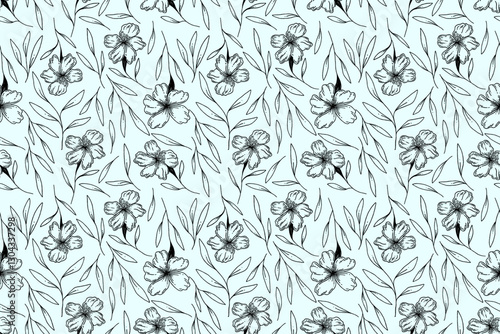 seamless floral pattern with flowers black doodle line