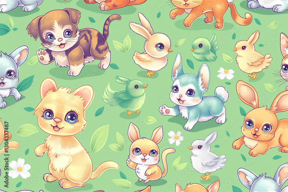 Naklejka premium A colorful pattern featuring cute cartoon baby animals on a soft green background