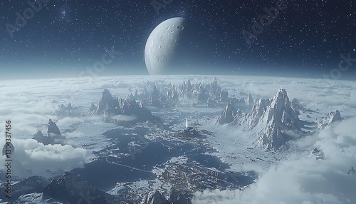 Alien Planet's Snowy Peaks at Night