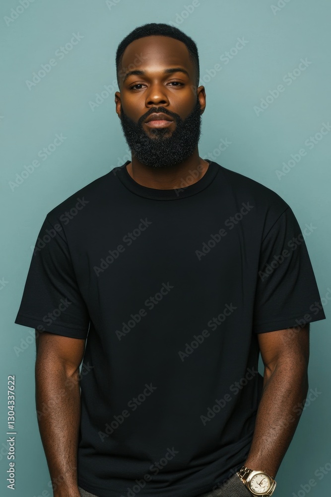 Naklejka premium Strong portrait of a man in a black shirt against a solid backdrop