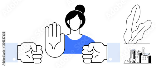 Woman with raised hand halting two opposing fists, symbolizing conflict resolution, negotiation, peace, and empowerment. Ideal for mediation, agreement, teamwork, opposition feminism