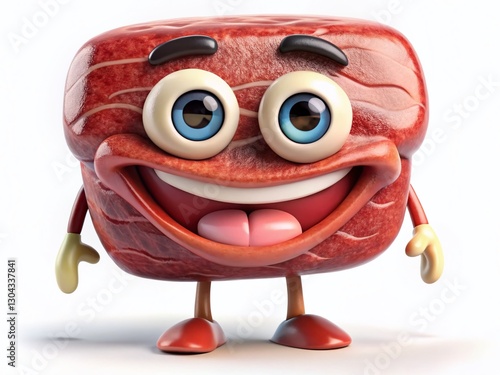 Adorable 3D Cartoon Steak Character, Happy Bulging Eyes, White Background photo