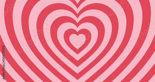 Pink heart background horizontal love shaped tunnel. Red color romantic pattern. Trendy retro vector illustration in style 60s, 70s.