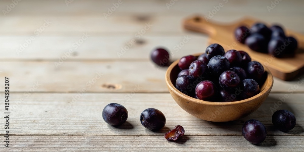 A bowl of plump, dark-colored fruit sits on a rustic wooden surface, surrounded by several more of the same fruit. A wooden cutting board is visible in the background. A bowl of plump, dark-colored fruit sits on a rustic wooden surface, surrounded by several more of the same fruit. A wooden cutting board is visible in the background.