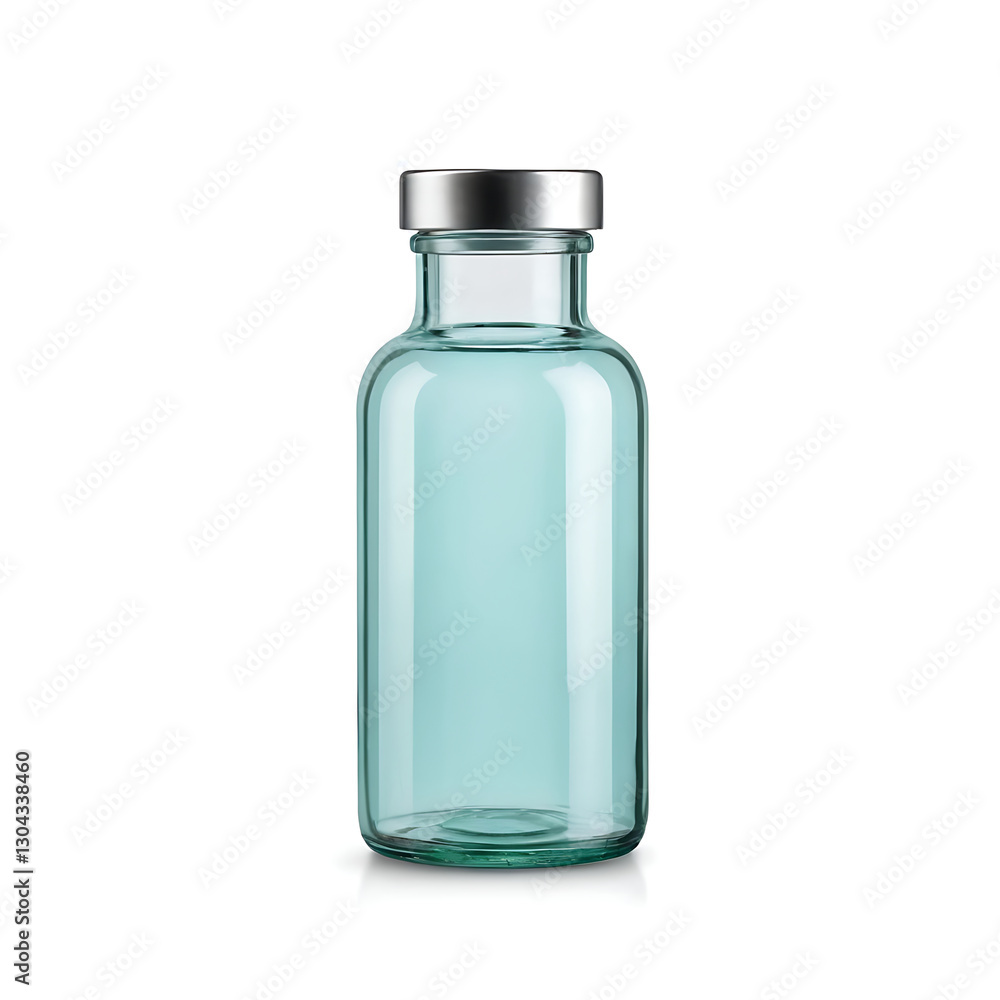 Clear glass medical vial with a metal cap, isolated on white. Represents medicine, pharmaceuticals, or laboratory supplies. Use for healthcare websites, medical illustrations, or product mockups. Clear glass medical vial with a metal cap, isolated on white. Represents medicine, pharmaceuticals, or laboratory supplies. Use for healthcare websites, medical illustrations, or product mockups.