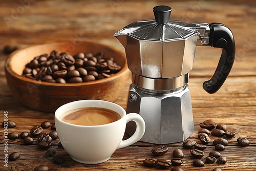 Espresso Maker, Coffee Beans, Wooden Table