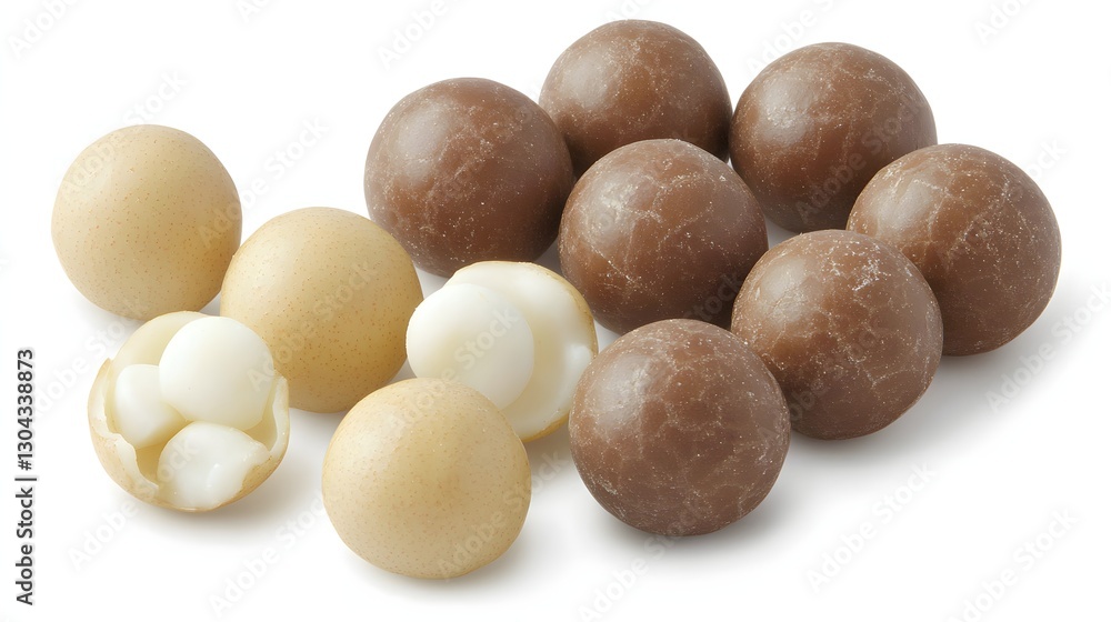 Assorted Round Chocolate and Candy Treats on a White Background with Delicious Flavors Assorted Round Chocolate and Candy Treats on a White Background with Delicious Flavors