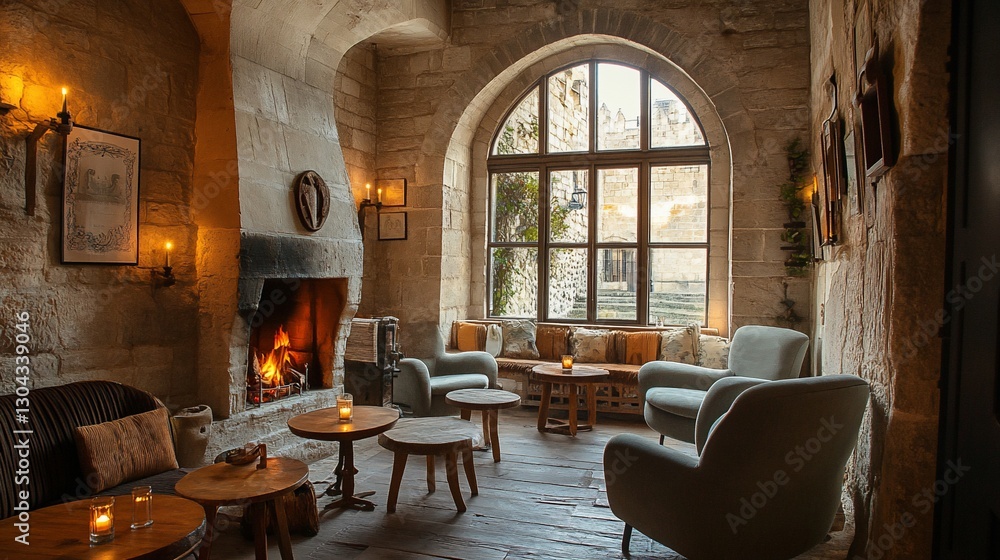 Cozy stone room with fire, seating, window to a courtyard for a lounge Cozy stone room with fire, seating, window to a courtyard for a lounge