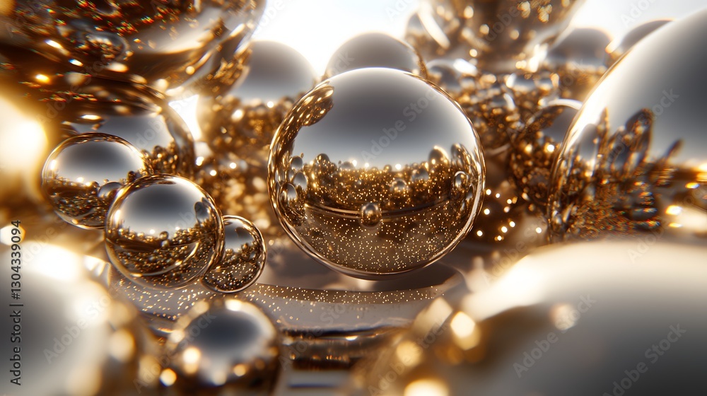 Glittering Golden Spheres and Shiny Metal Balls Reflecting Light in an Abstract Background Glittering Golden Spheres and Shiny Metal Balls Reflecting Light in an Abstract Background