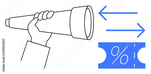 Hand holding a telescope next to blue arrows and a coupon with a percentage symbol. Ideal for financial forecasting, market analysis, sales prediction, discount strategies, investment opportunities