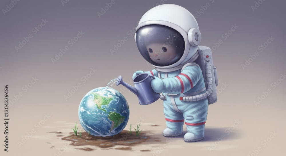 Tiny Astronaut Watering Miniature Earth Tiny Astronaut Watering Miniature Earth