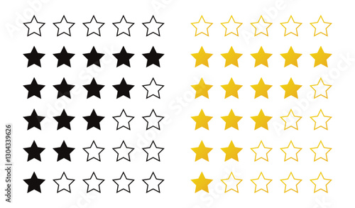 Star rate icons vector set. Star rate flat yellow and black style.