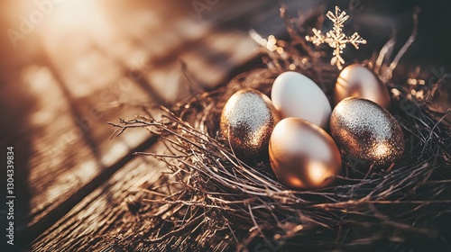 Wallpaper Mural Nest of Golden Easter Eggs Surrounded by Natural Twigs on a Rustic Wooden Surface Torontodigital.ca