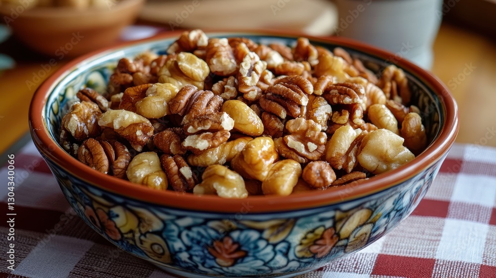 A vibrant bowl, overflowing with a symphony of crunchy nuts, sat nestled on a checkered tablecloth, its contents promising a burst of flavor and texture.