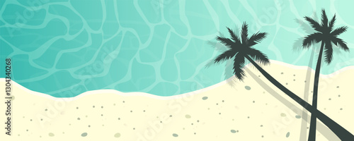 Beautiful sandy beach top view, vector illustration of a summer beach with palm trees. Summer sale horizontal promotional web banner, flyer, poster, greeting card.