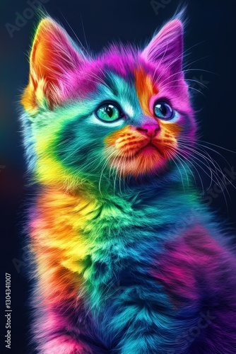 Colorful kitten with vibrant fur displaying a magical appearance