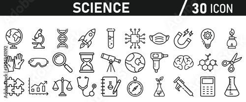 Science icon set in liner style. Biology, laboratory, experiment, test tube, scientist, research, physics, chemistry icons. Icons Vector illustration.
