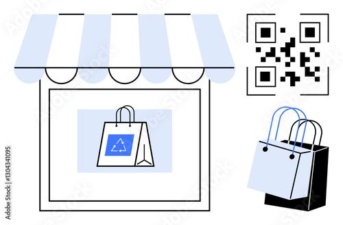 Shop with awning, framed picture of recyclable bag, adjacent QR code. Ideal for e-commerce, sustainability, digital retail, eco-friendly shopping, smart payments, urban stores low-impact lifestyle