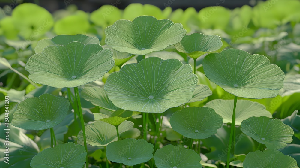 Lush Green Lotus Leaves Covered in Dew Under Natural Sunlight in Tranquil Outdoor Setting Lush Green Lotus Leaves Covered in Dew Under Natural Sunlight in Tranquil Outdoor Setting