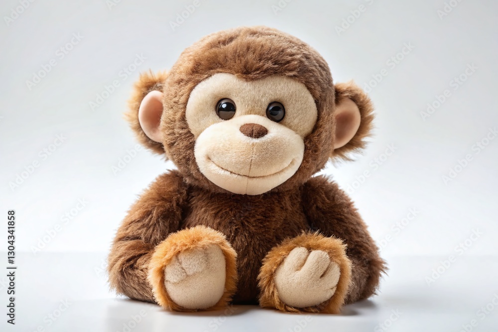 Fototapeta premium Adorable Brown Plush Monkey Toy, Soft Fur, Friendly Smile, White Background Stock Photo